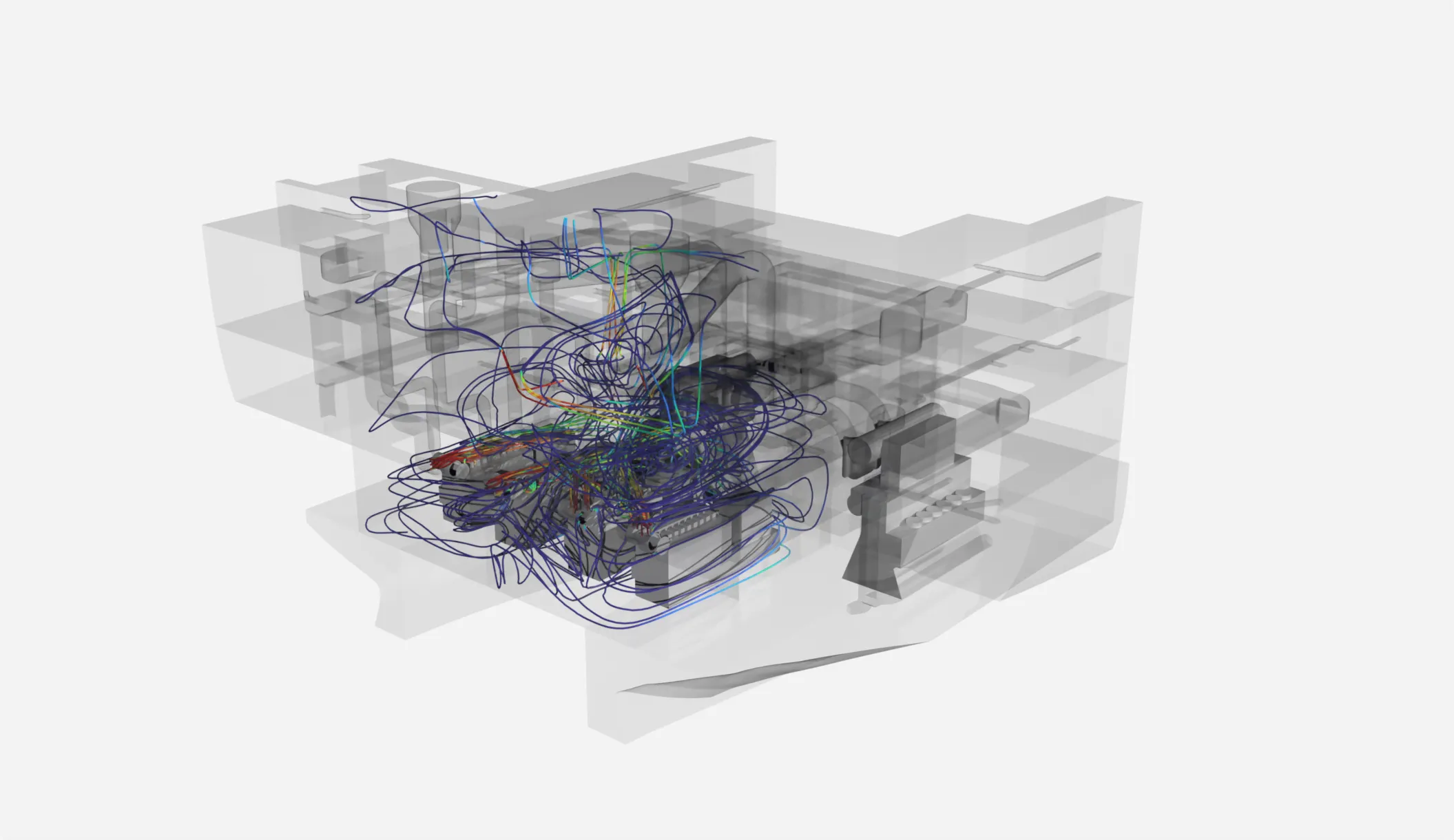 Figure 5: Pathlines Colored with Air Temperature are Released from Selected Supply Diffusers to Provide Valuable Insight on the Spatial Effect of Specific HVAC Components.